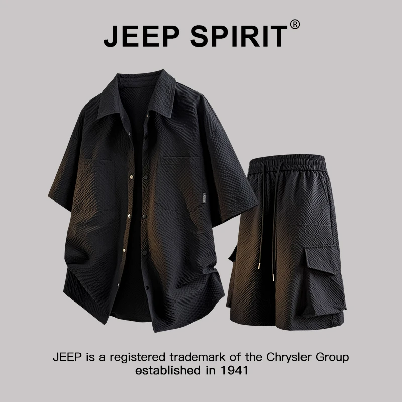 Jeep吉普夏季薄款泡泡纱套装男士短袖衬衫短裤潮牌休闲运动两件套