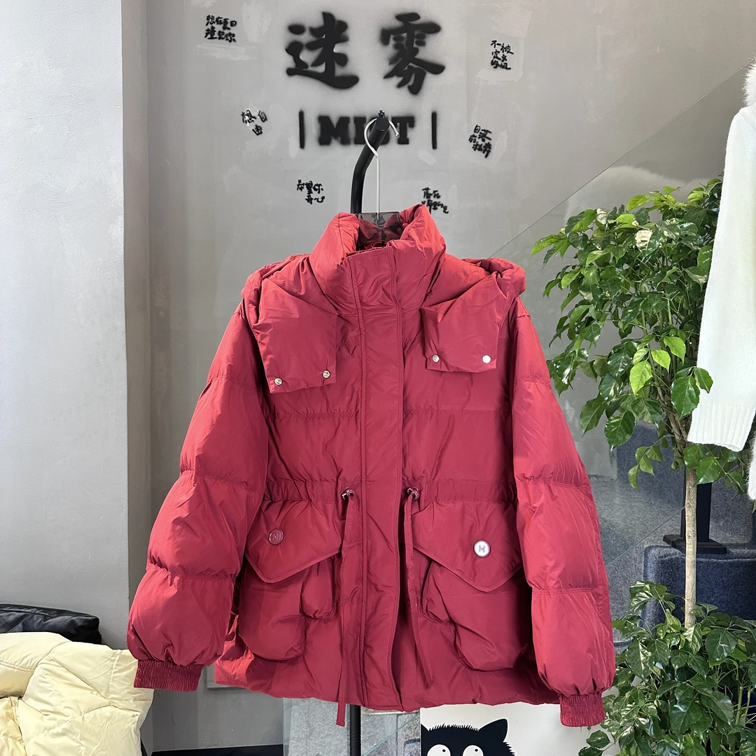 2025秋冬新款外套时尚休闲百搭女士红色韩版女款连帽中长款抽绳