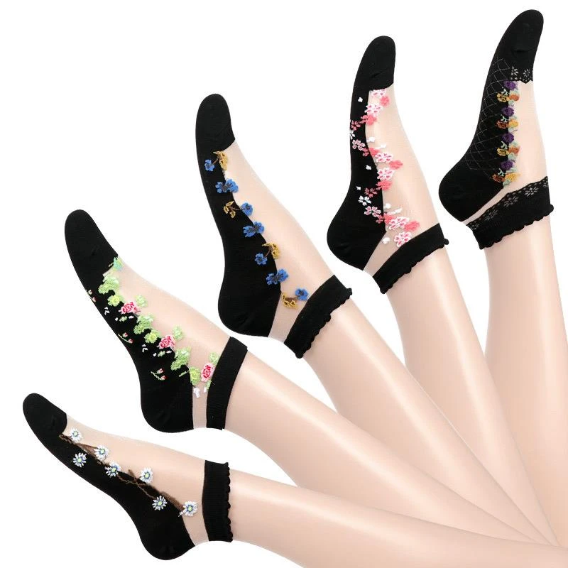 袜子女春夏季薄款棉质扛起球甜美花边袜镂空透气女士中低帮短筒袜