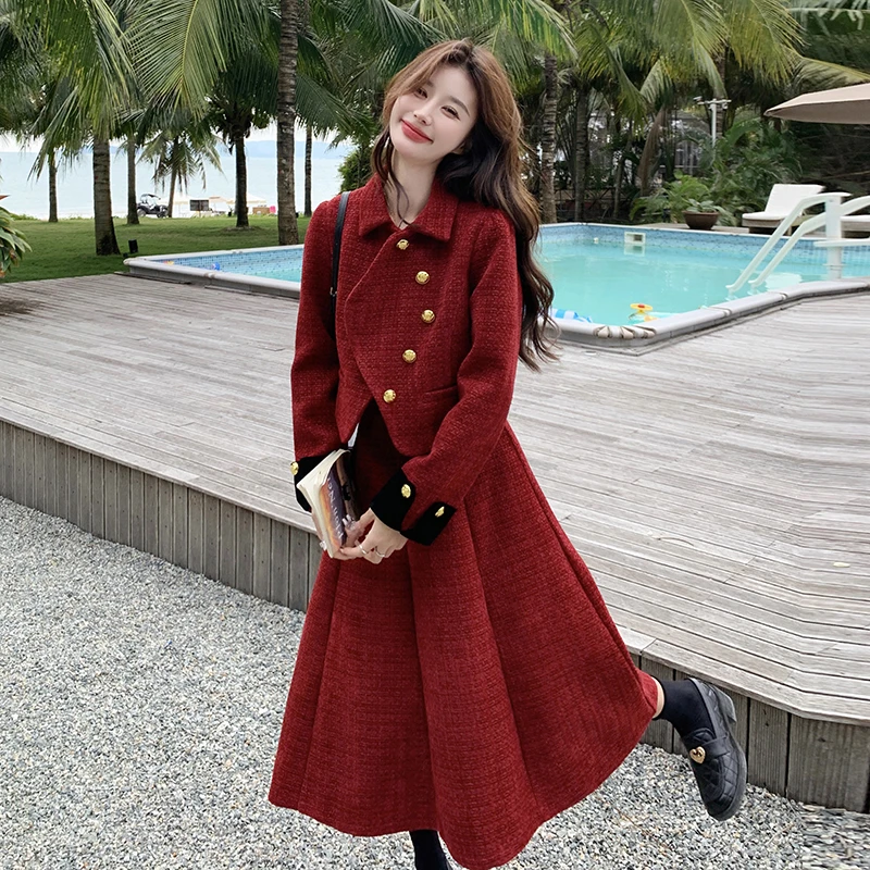 休闲风简约通勤时尚套装显瘦气质小个子红色收腰毛呢中长款秋冬