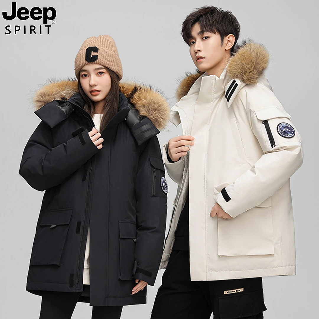 Jeep吉普毛领羽绒服情侣中长款冬季派克加厚工装保暖休闲户外外套