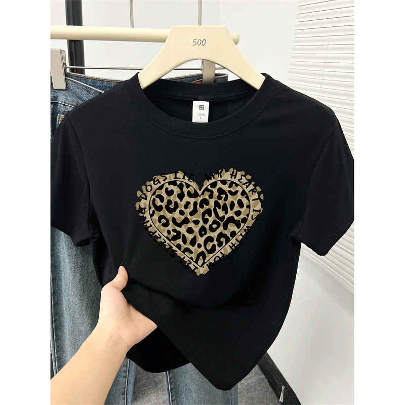 200斤大码豹纹爱心印花正肩短袖T恤女夏季胖mm遮肉百搭圆领上衣潮