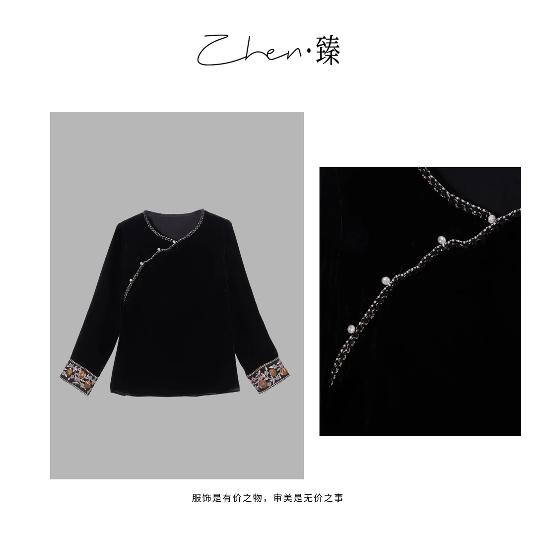 ZHEN.臻 新中式斜襟钉珠国风手缝刺绣时尚真丝丝绒衬衫CS8772Z