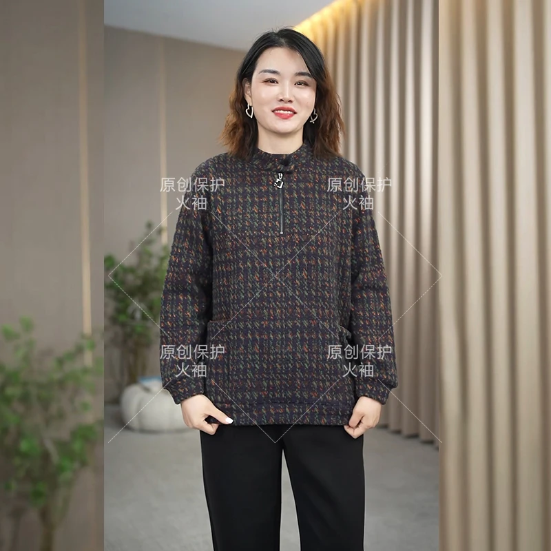 火袖F663中老年半高领上衣女2024秋冬款厚实保暖百搭毛绒感小衫