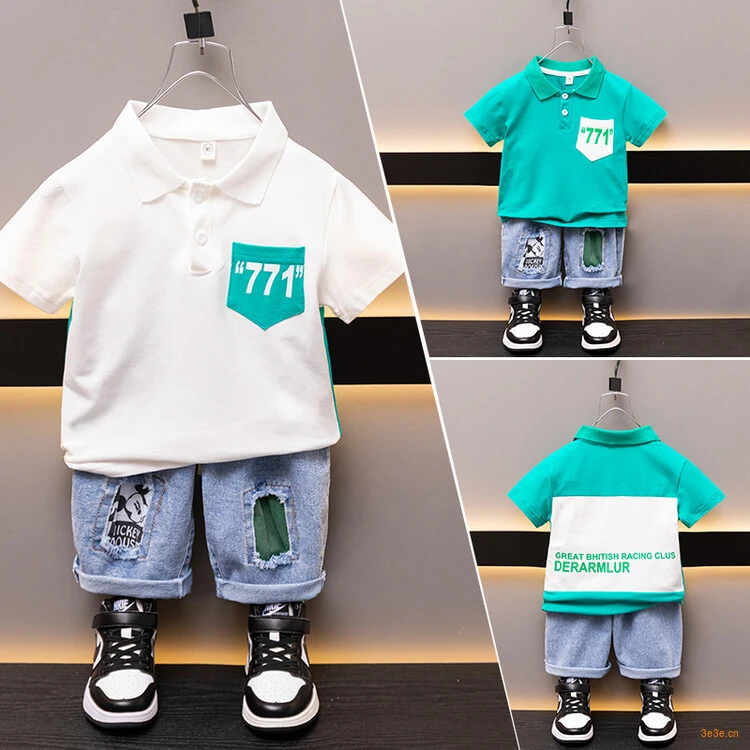 新款夏季儿童套装男女童时尚休闲短袖牛仔裤两件套潮