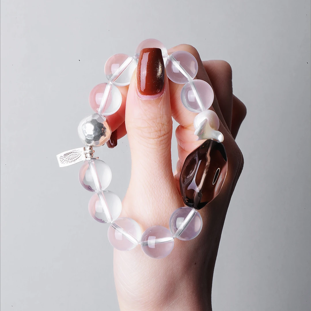 925银木质手链 <大头姐> S09953 茶色随形水水白色串珠手链