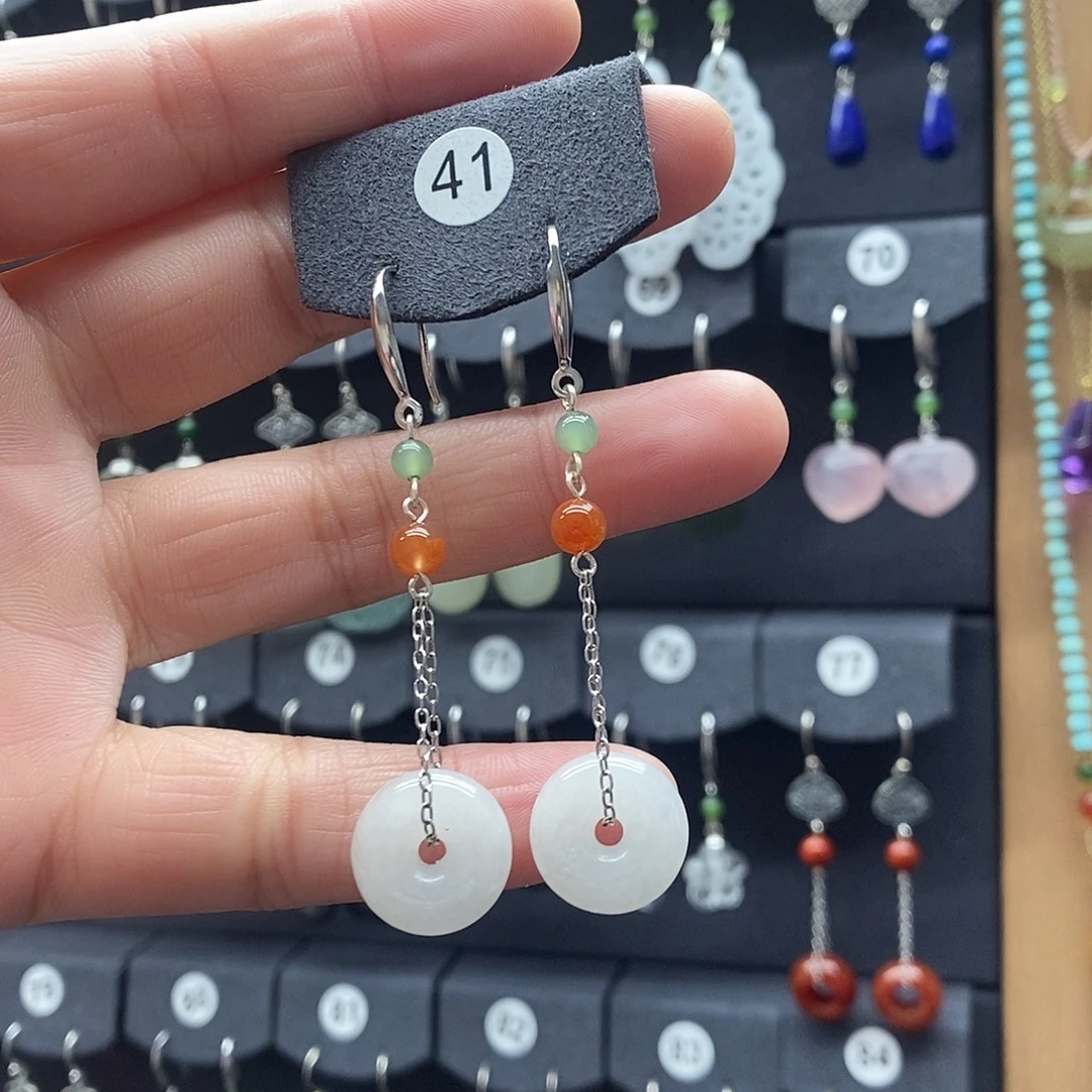 和田玉银S925镶嵌耳饰