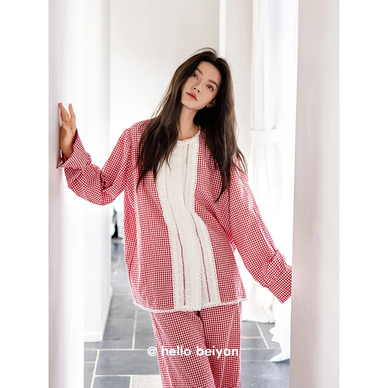 贝妍本命年睡衣女春秋新款柔软棉长袖家居服甜美少女格子开衫套装