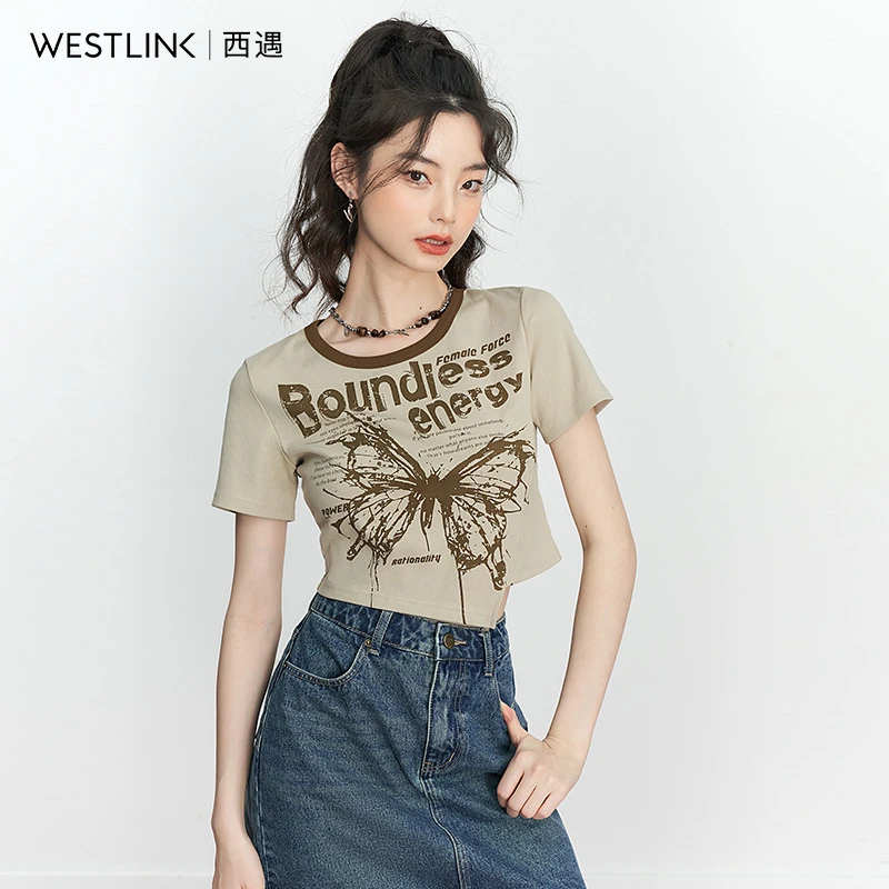 西遇正肩短袖T恤女2023年夏季新款字母印花修身显瘦辣妹短款上衣
