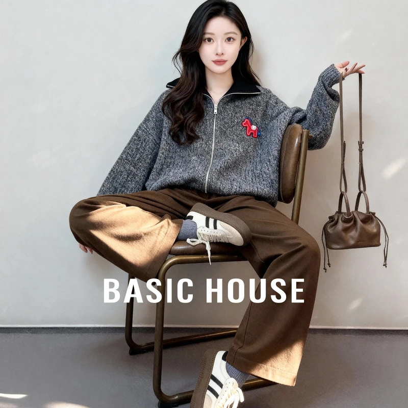 Basic House/百家好秋冬黑色罗纹翻领设计保暖毛衣-B0625B5QVW2