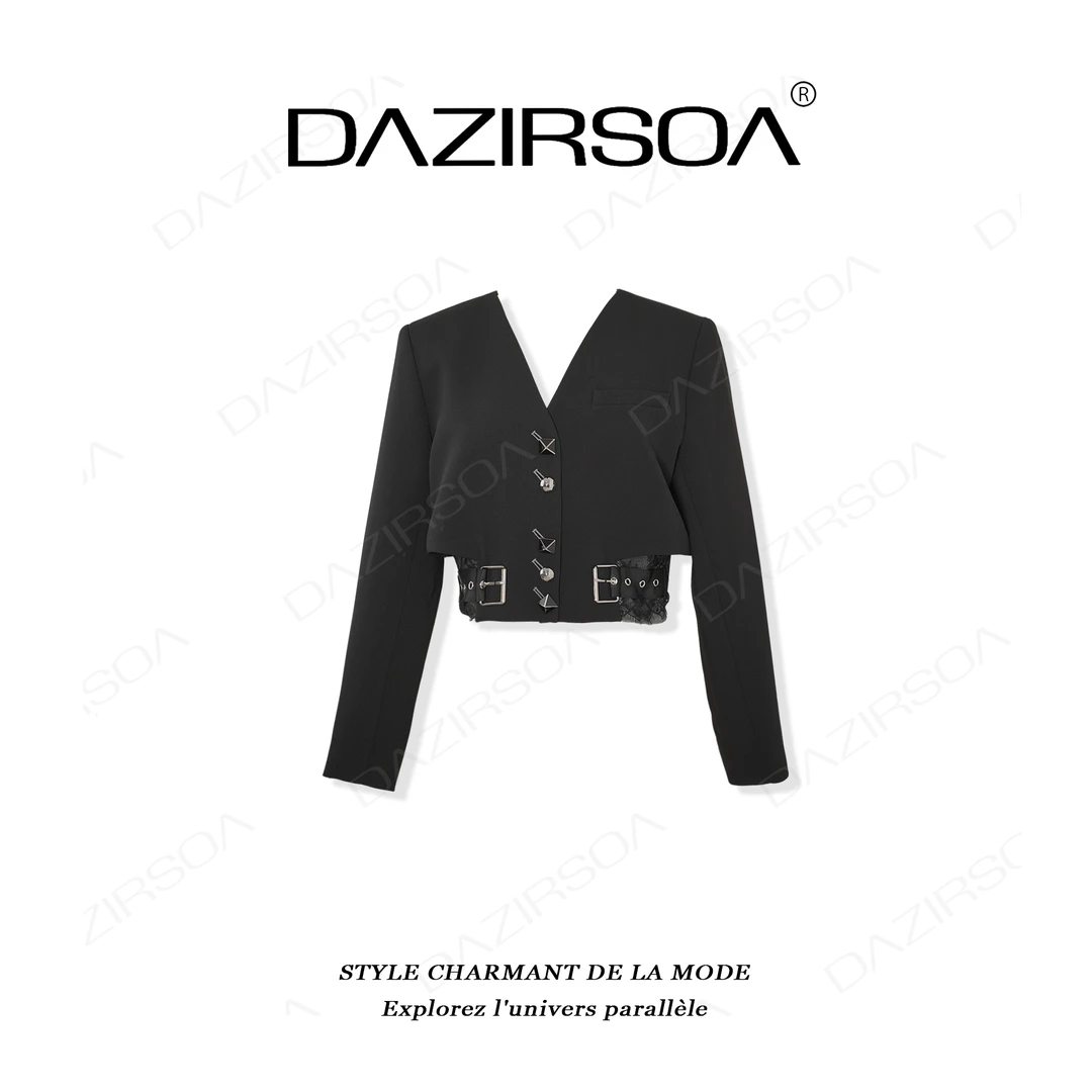DAZIRSOA/达姿“多面风格”拼接皮带扣显瘦洋气短款西装外套 X138