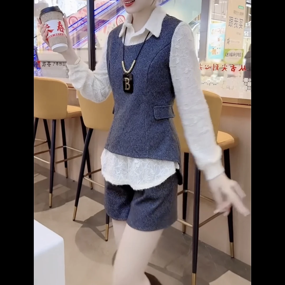 秋冬时尚洋气翻领假两件收腰上衣加短裤套装