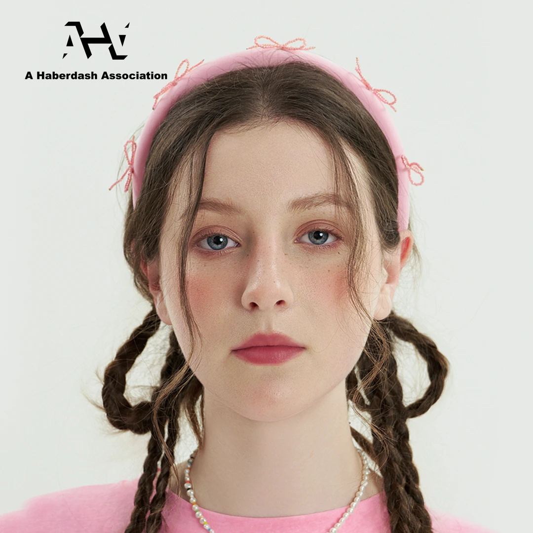 AHA爱侈艾·马卡龙色系蝴蝶结串珠女高颅顶海绵装饰彩色发卡发箍