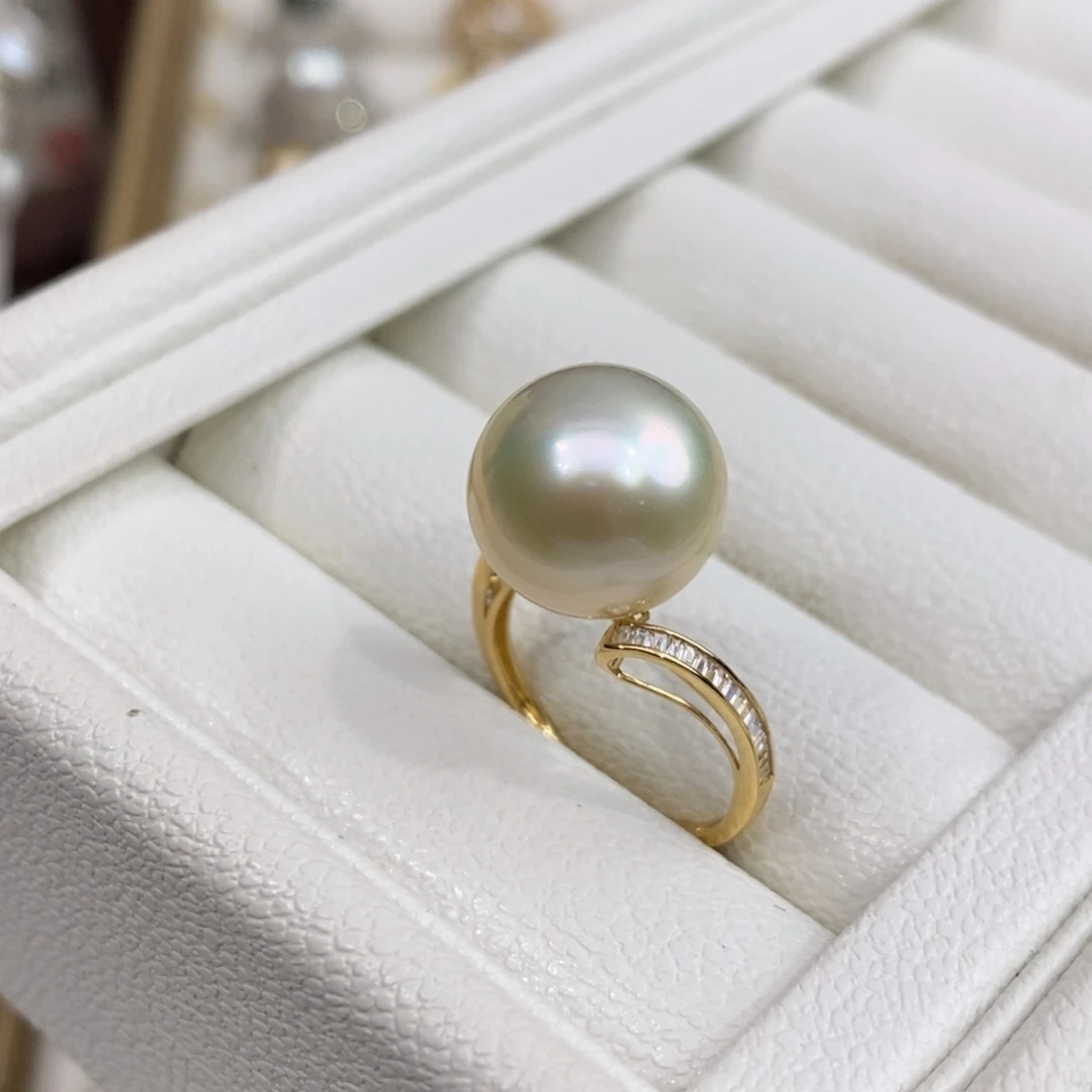 18K金镶嵌戒指海水珍珠13-14奶油金