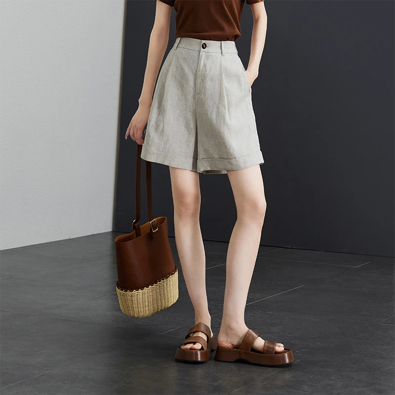 索菲丝尔翻边透气亚麻短裤女2025夏季宽松百搭休闲阔腿裤525710