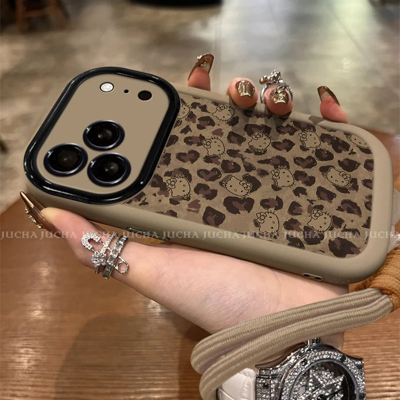 适用豹纹凯迪猫苹果17air手机壳新款带挂绳iphone16pro卡通15设计
