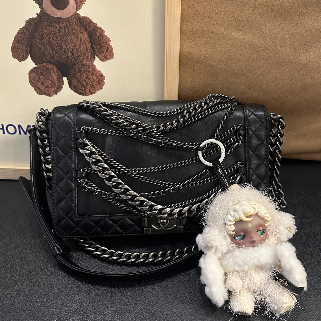 95新 Chanel/香奈儿 7 黑色全皮多链条leboy斜挎单肩包