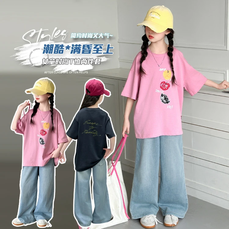 女童夏季短袖套装2025新款洋气休闲T恤儿童薄款牛仔裤夏装两件套