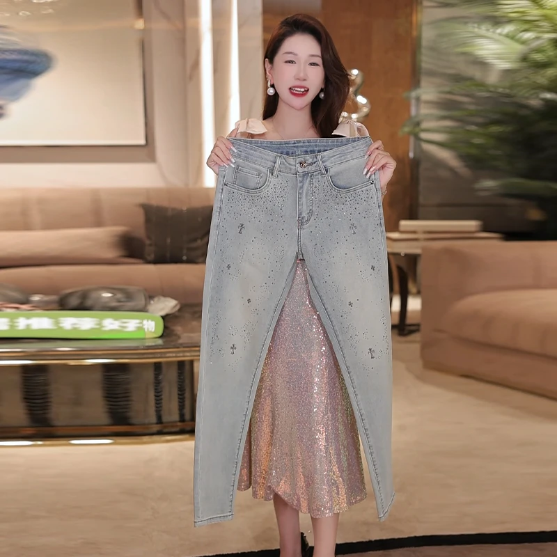 满天星烫钻牛仔裤男士夏季新款修身小直筒裤子潮流欧货高级感浅色