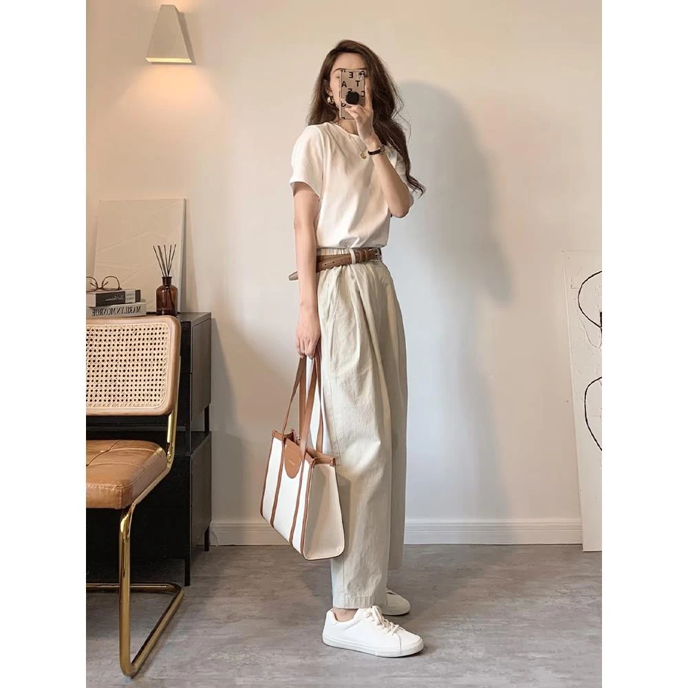 夏季减龄一整套大方得体穿搭干练气质休闲T恤高腰显瘦阔腿裤套装