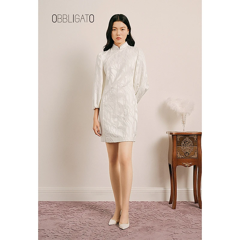 OBBLIGATO奥丽嘉朵2025早春1C35105060新品珍珠提花旗袍式连衣裙