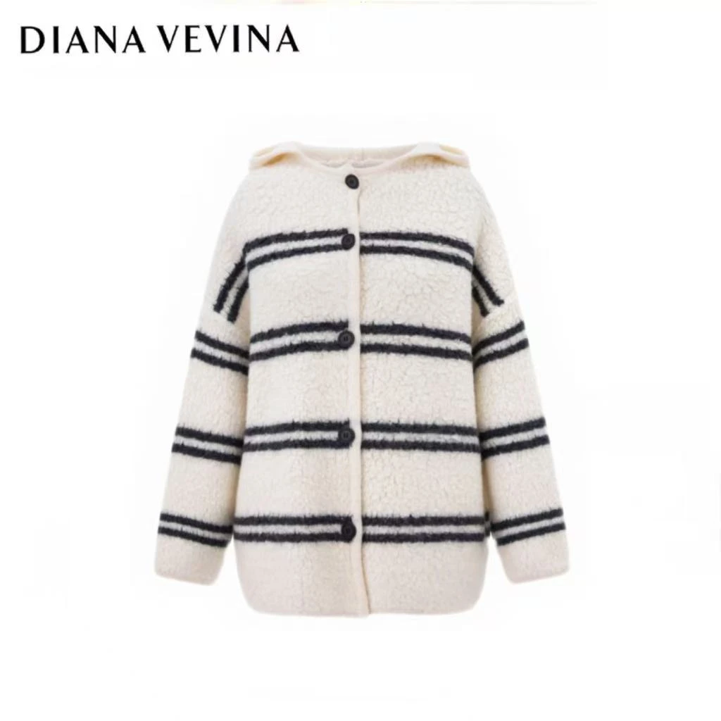 DIANA VEVINA2025秋冬新款撞色条纹连帽毛衣针织衫