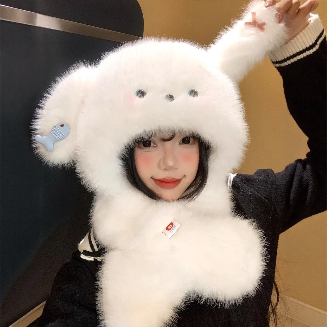 可爱小狗耳朵毛绒帽子围巾一体女秋冬季保暖防寒护耳雷锋帽子