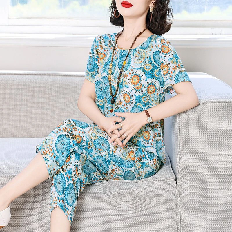 棉绸套装妈妈夏季新款时尚外穿洋气休闲显瘦大码人造棉短袖两件套
