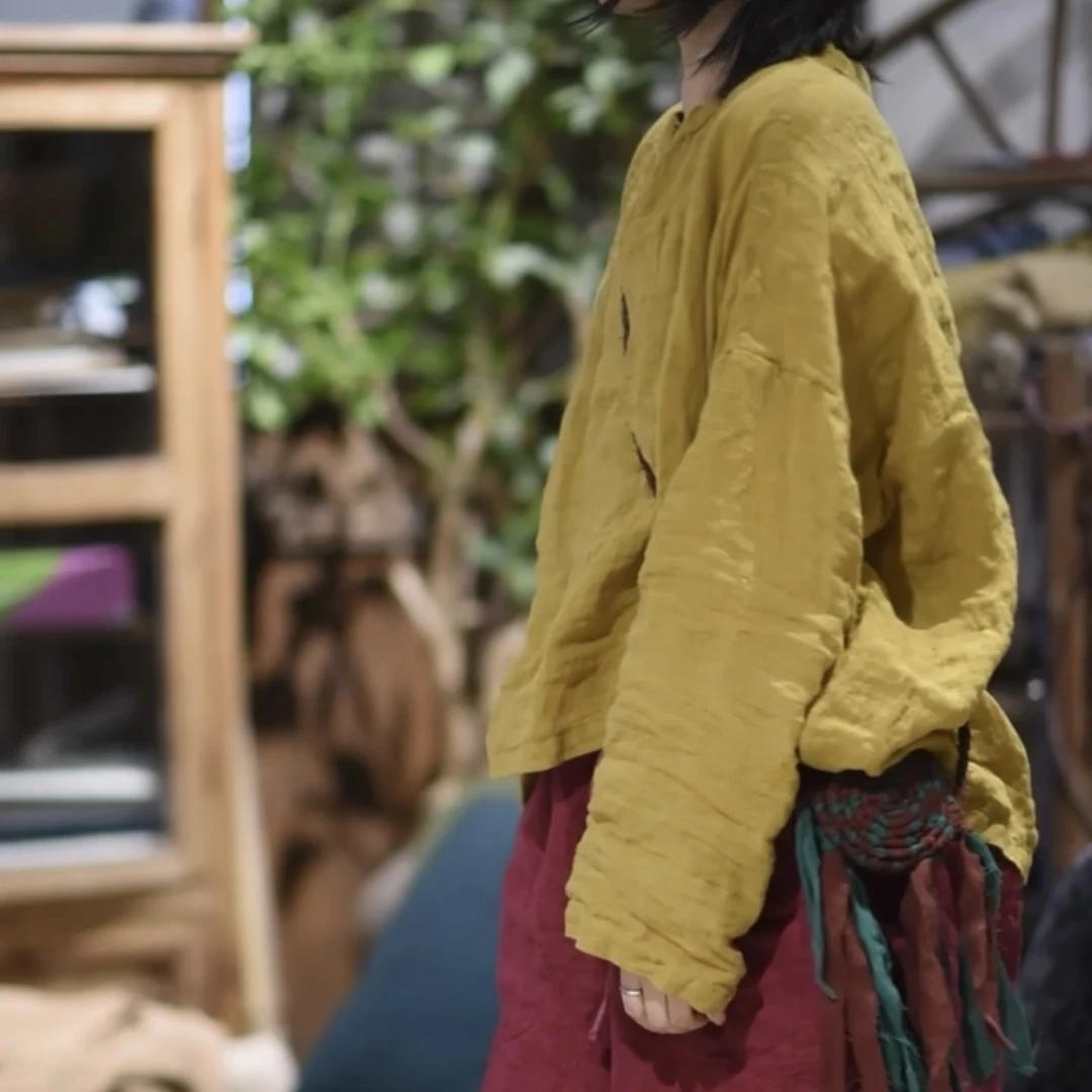 SN145亚麻套头后开叉复古小衫 休闲百搭