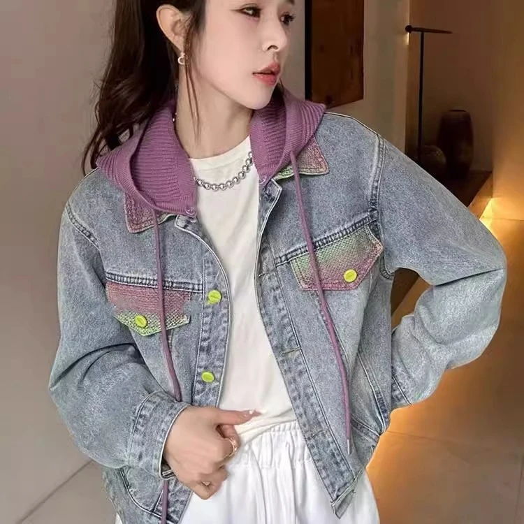 撞色针织连帽牛仔外套女欧洲站2025早春新款韩版洋气百搭显瘦夹克