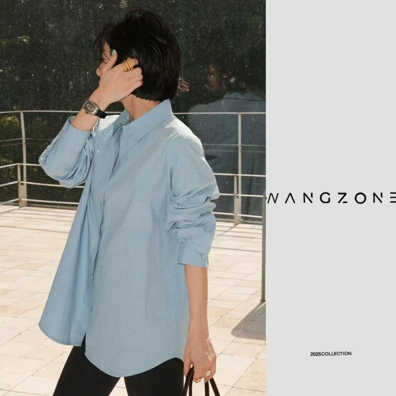 WANG ZONE丨Row蓝色高支棉质衬衫宽松简约老钱百搭衬衫外套上衣