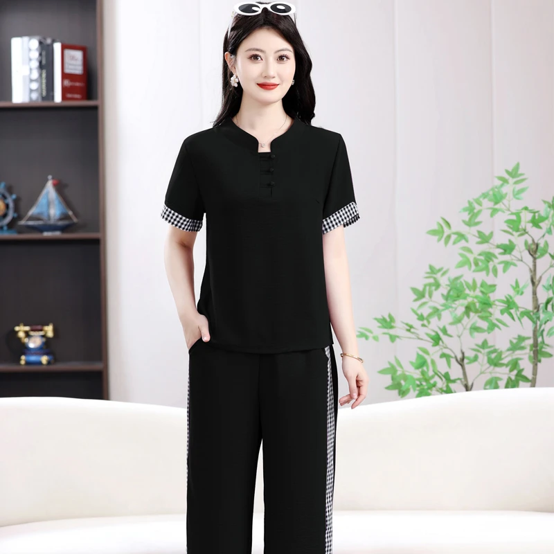 2025夏季新款纯色套裤两件套女中年妈妈时尚复古通勤休闲妈妈套装