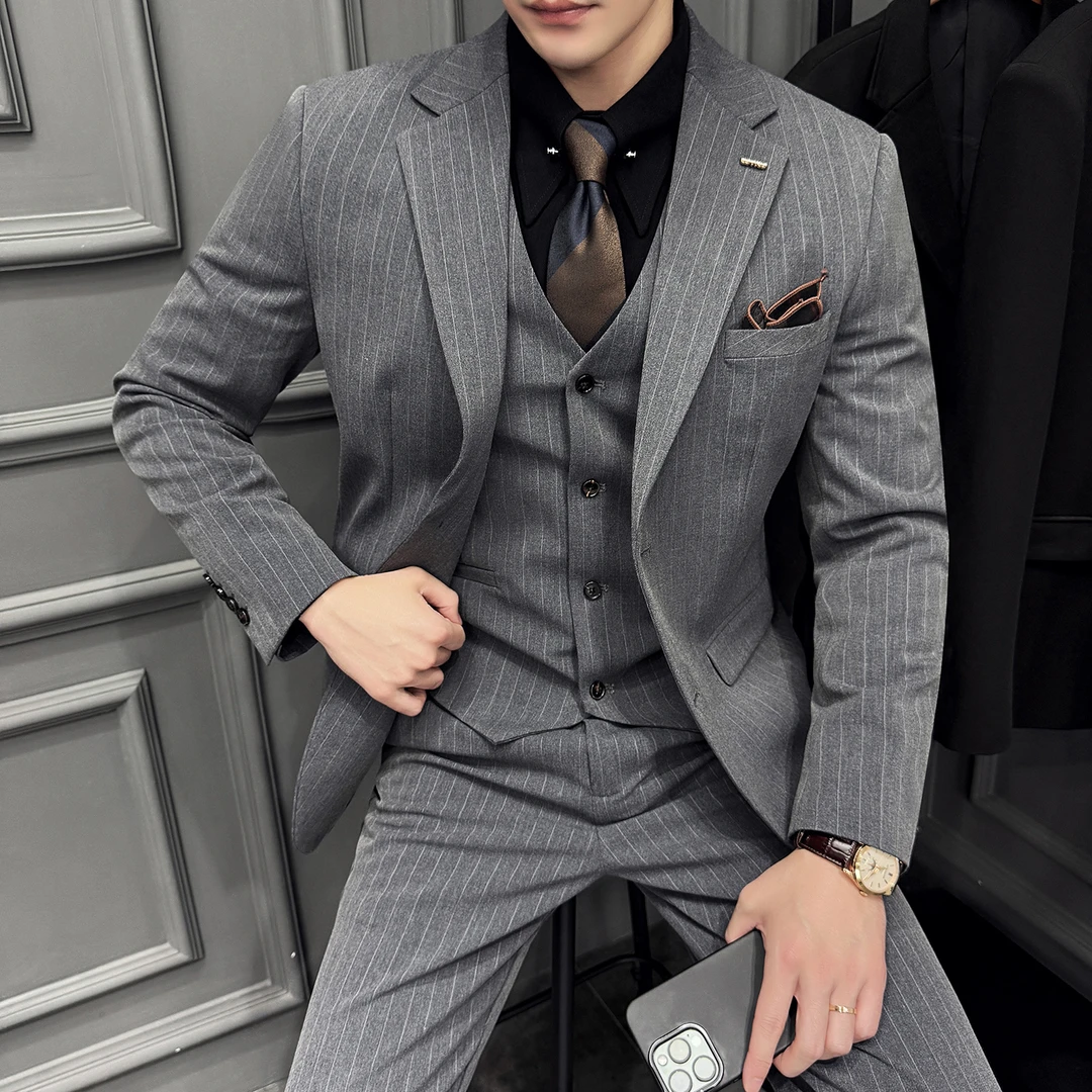 【高档轻奢】啄木鸟条纹西装套装男商务休闲婚礼新郎订婚西服三件套