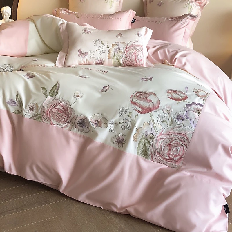 （达芙琳）全棉高密度高端被套春床单夏清新风格轻奢刺绣四件套kz