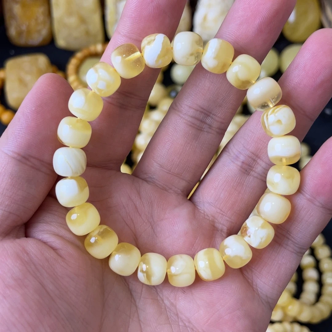 琥珀未镶嵌手串9+俄料妖白花精工老型手串