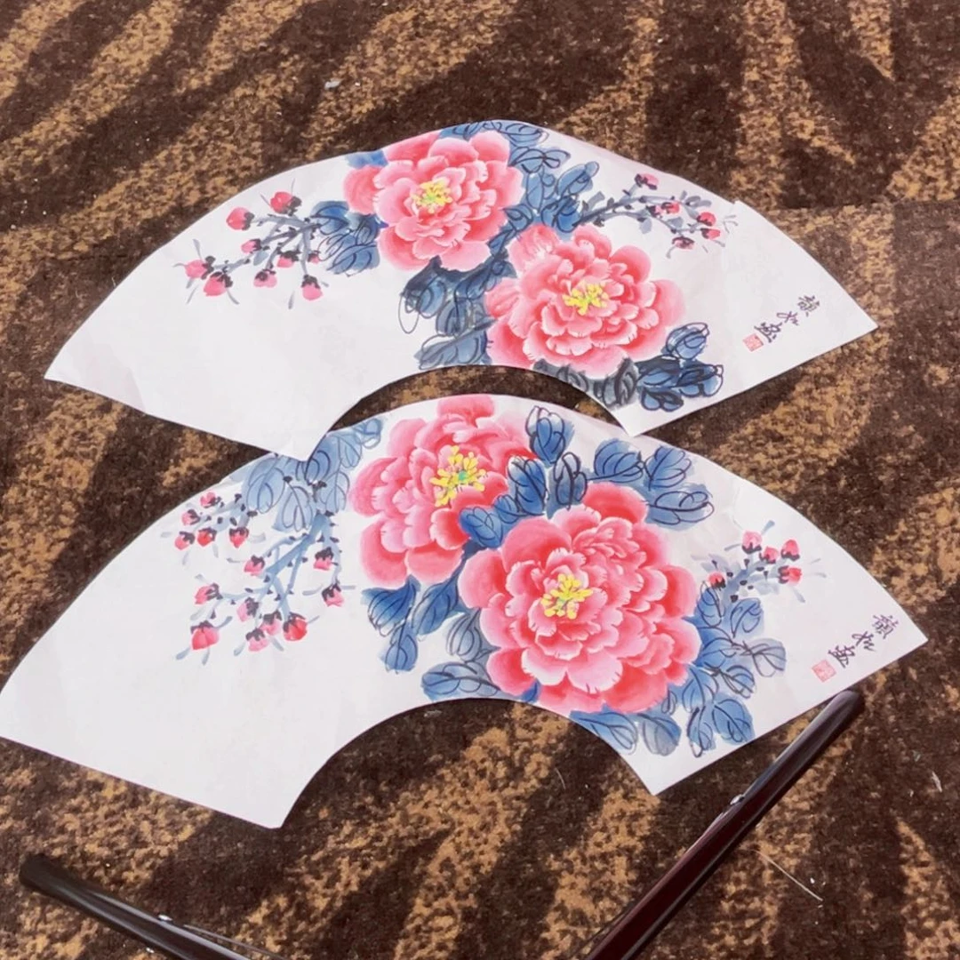 国画韵如老师扇面绘画两张微瑕介意慎拍