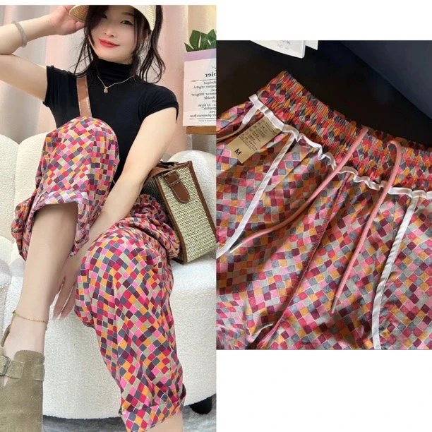 【芳雅】夏季女装网红爆款休闲透气超薄纯棉宽松印染直筒裤腰果花