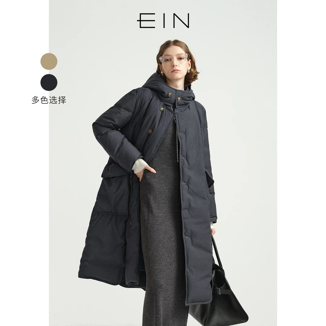 EIN/言云朵泡芙90鸭绒活力半高领连帽长过膝盖羽绒服2025秋冬新款