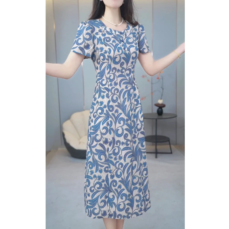 2025年新款夏季气质优雅裙子修身显瘦洋气时尚印花中长款连衣裙女