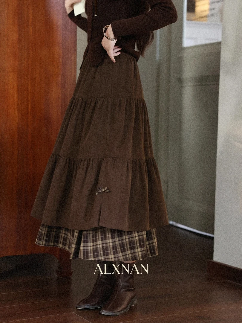 美拉德咖色格纹拼接灯芯绒半身裙女秋冬层次感蝴蝶结撞色中长裙
