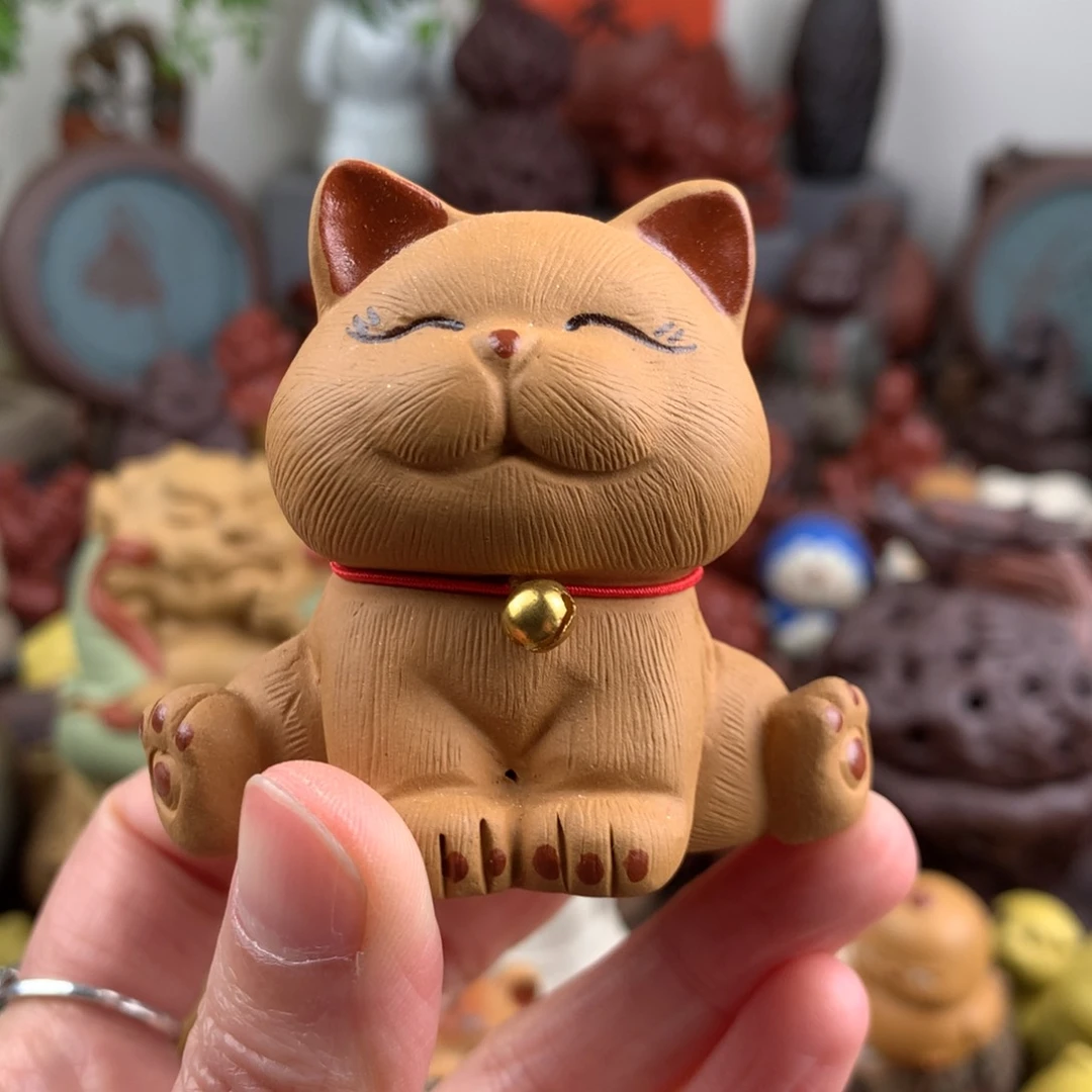 紫砂茶宠劈叉招财猫段泥