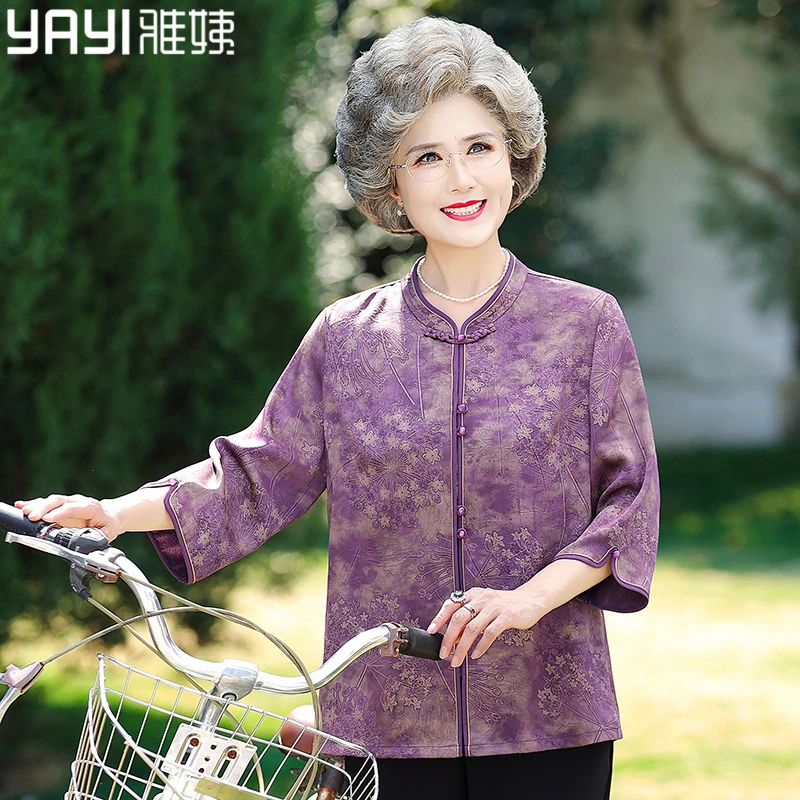 中老年人女夏装七分袖衬衫妈妈夏季洋气奶奶新款上衣60岁老太太