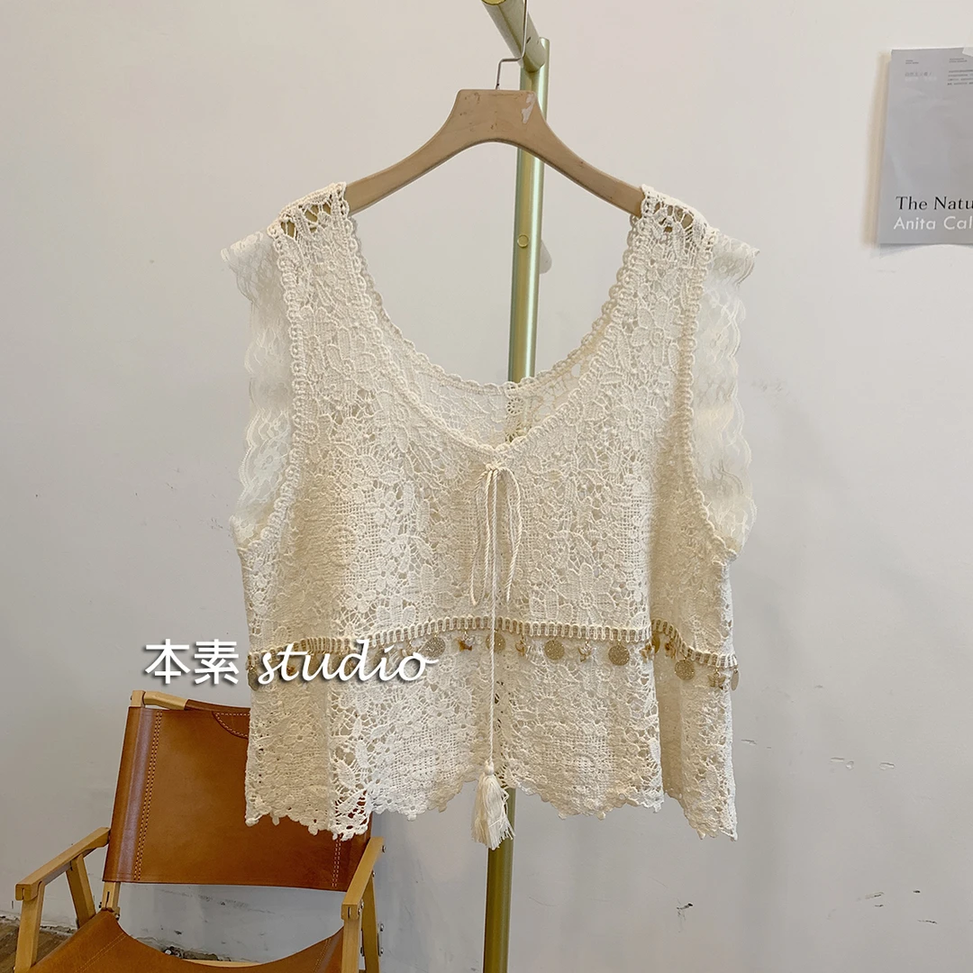 C3527镂空钩花系带蕾丝边马甲