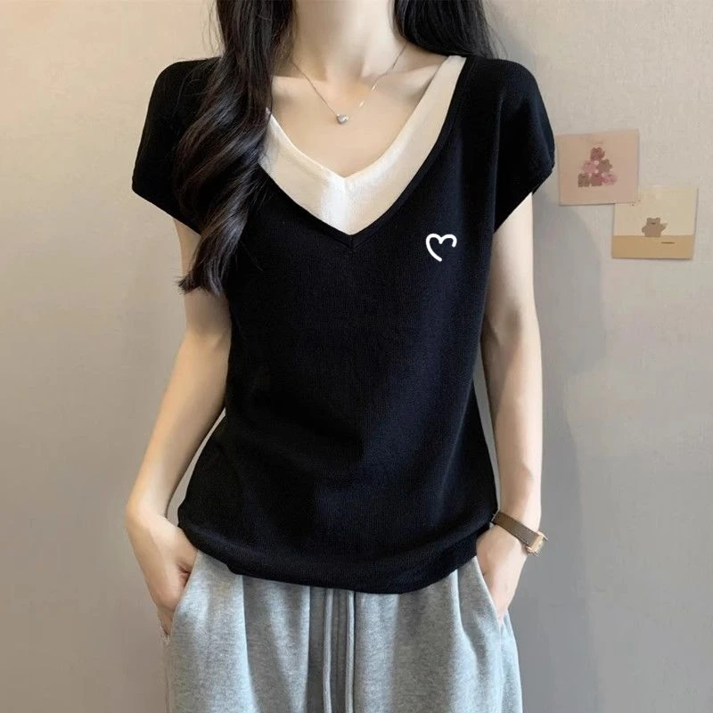 假两件V领短袖T恤女韩系ins设计感别致显瘦修身夏季新款百搭上衣