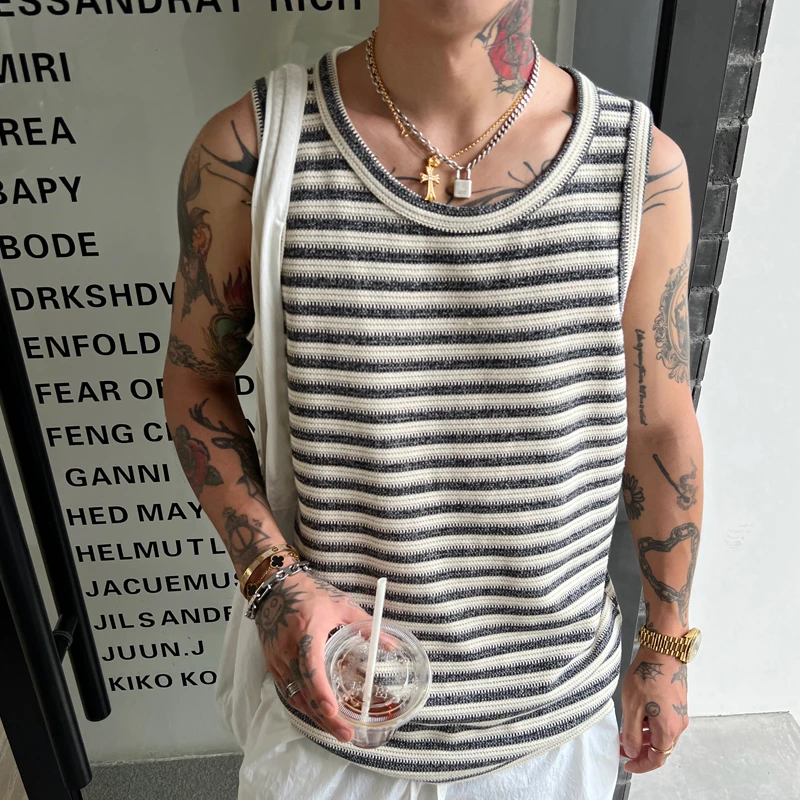 OXFREAK「老钱风 混色条纹」针织背心男宽松透气休闲无袖t恤夏季