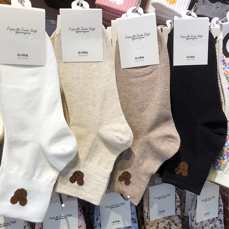 ggorangnae韩国袜子女士中筒纯色可植绒小熊可爱少女袜东大门进口