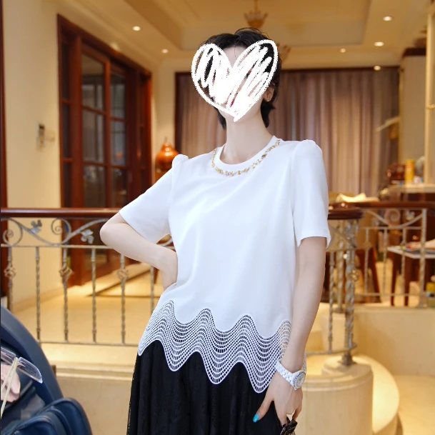 25147938【夏至】立体蕾丝手工拼接高级重工短袖上衣