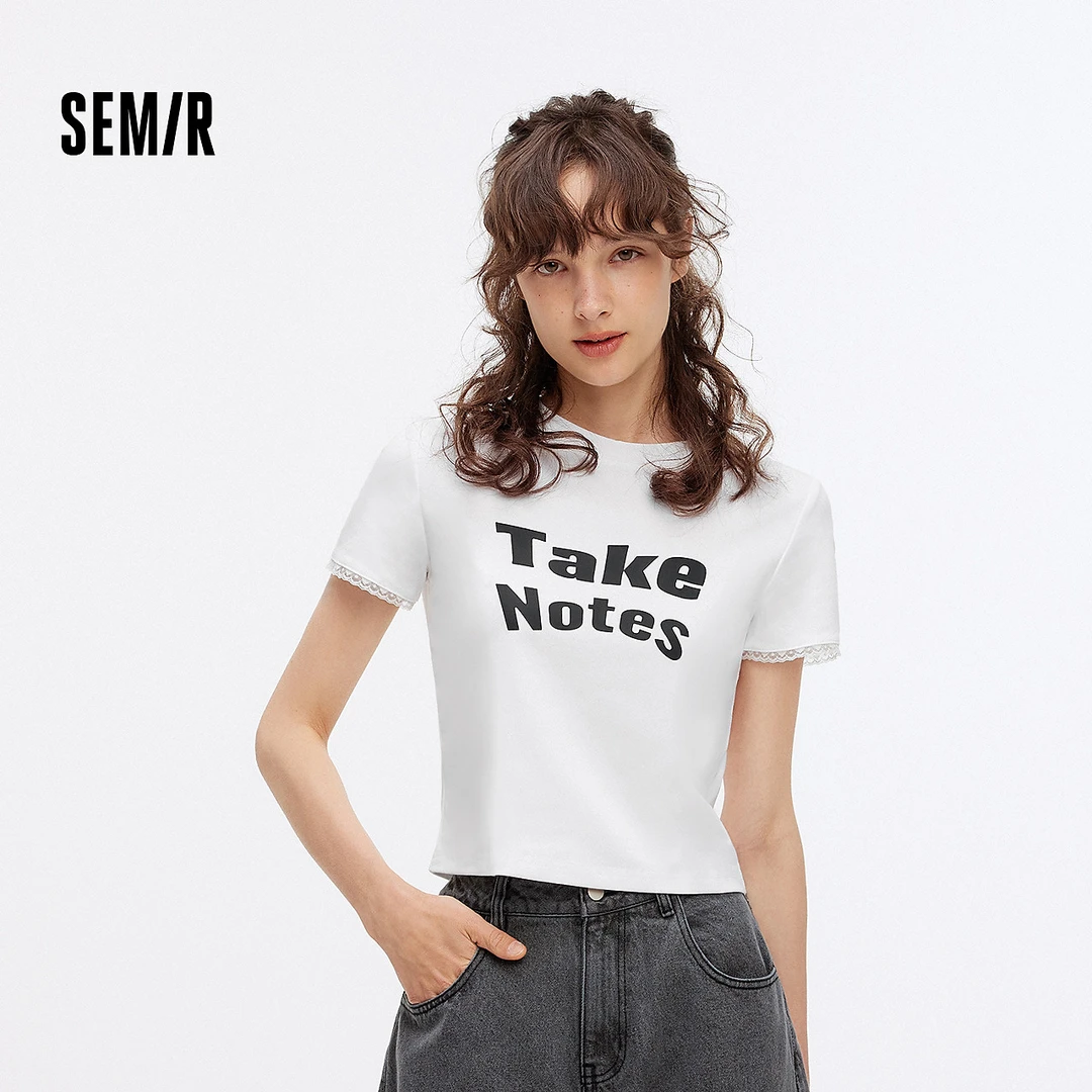 森马短袖T恤女短款修身拼接蕾丝上衣简约夏休闲字母衣服潮流个性