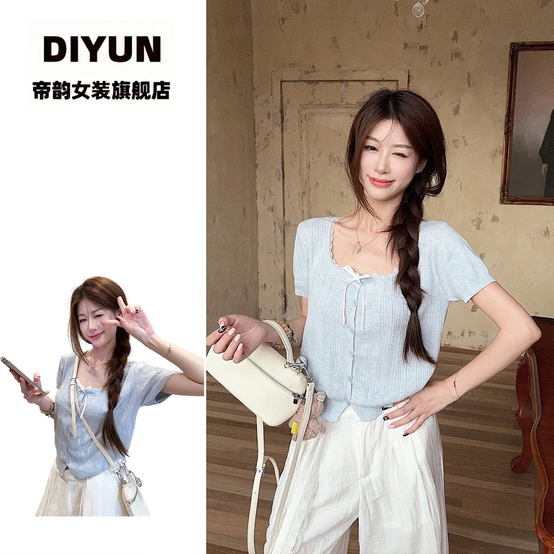 【帝韵】夏季甜美修身短袖t恤女潮短款开衫蕾丝蝴蝶结韩版短款上衣