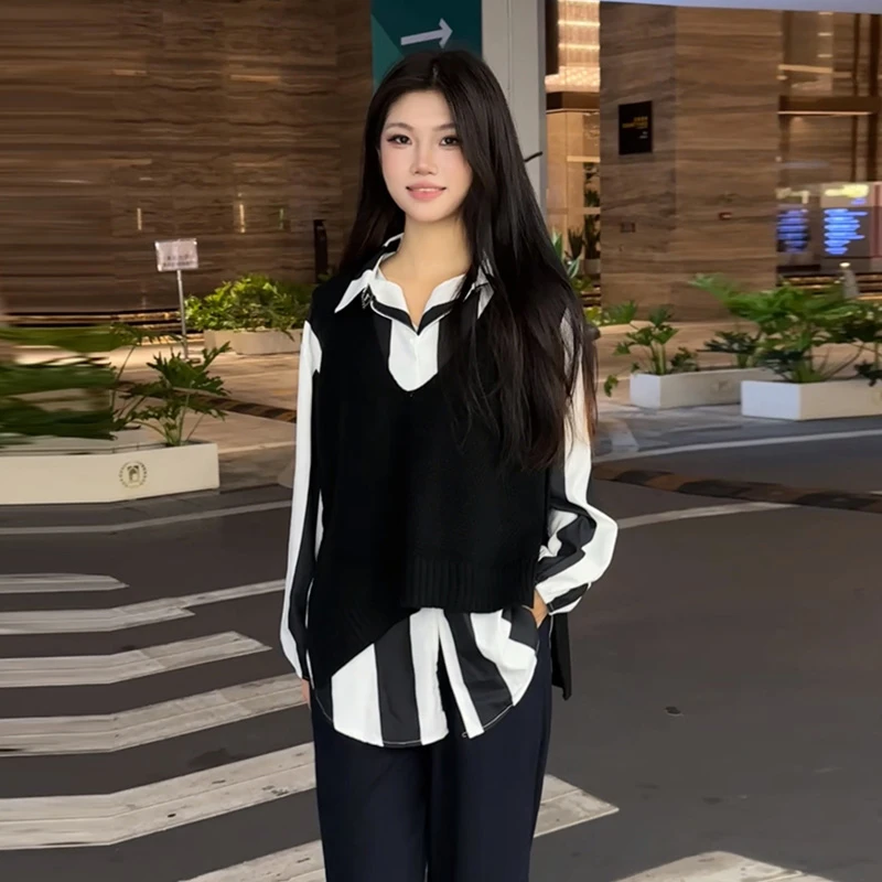 高级感时髦豹纹衬衫秋季套装女新款小个子宽松针织马甲坎肩两件套
